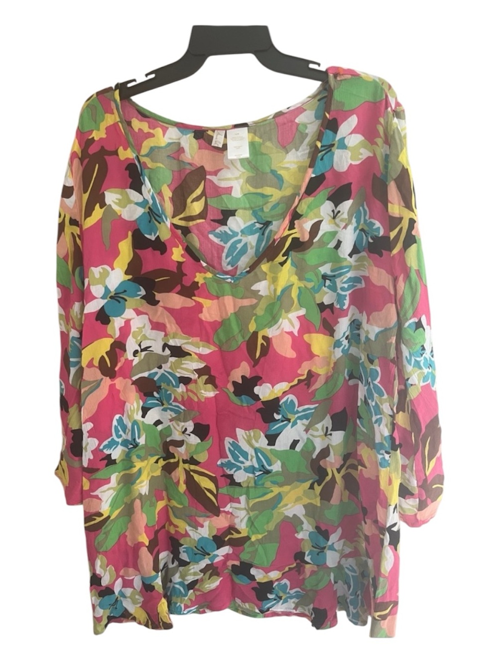 Anne Cole Floral V-Neck Tunic — Pink Green Multi